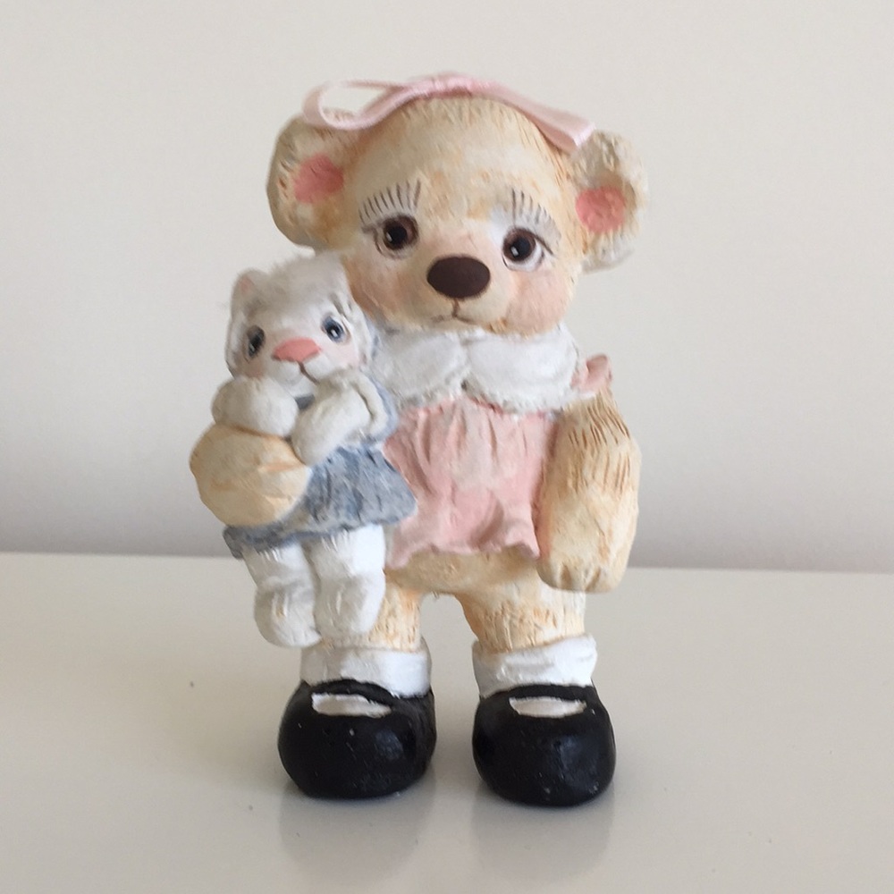 Bear Figurine holding baby bunny & basket